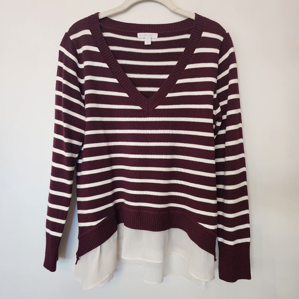 New York & Company Medium striped long sleeve sweater with built in uner ruffle